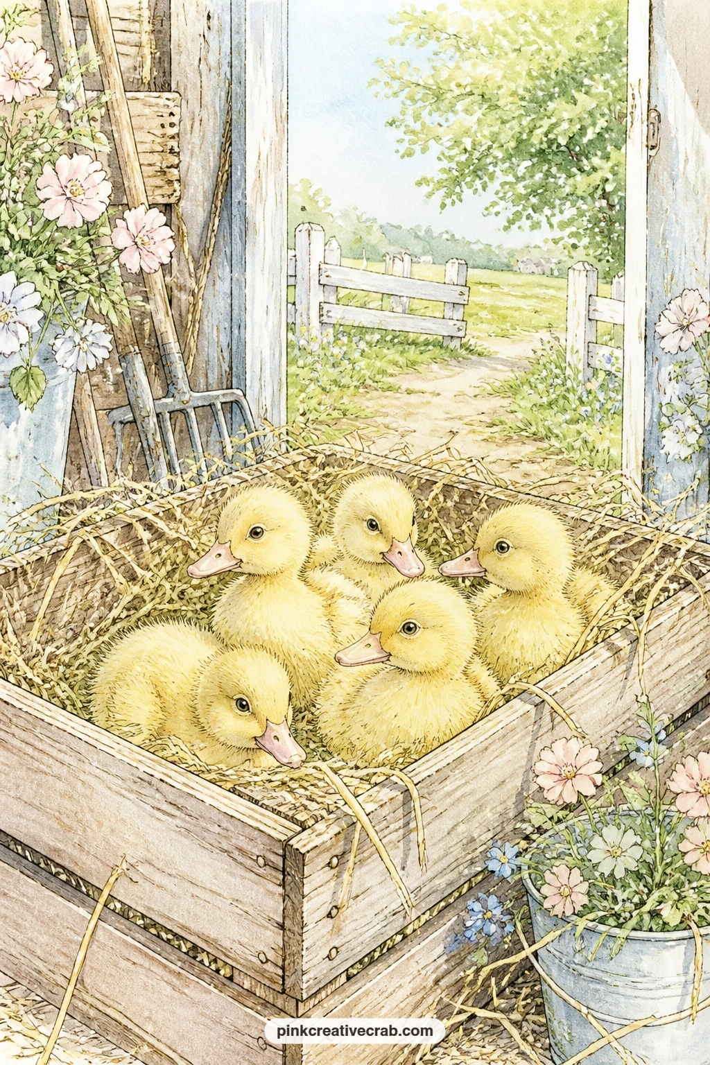 Ducklings In A Hay Crate printable page — Several ducklings huddle together inside a hay-lined wooden crate, set just inside a sunny barn doorway with a