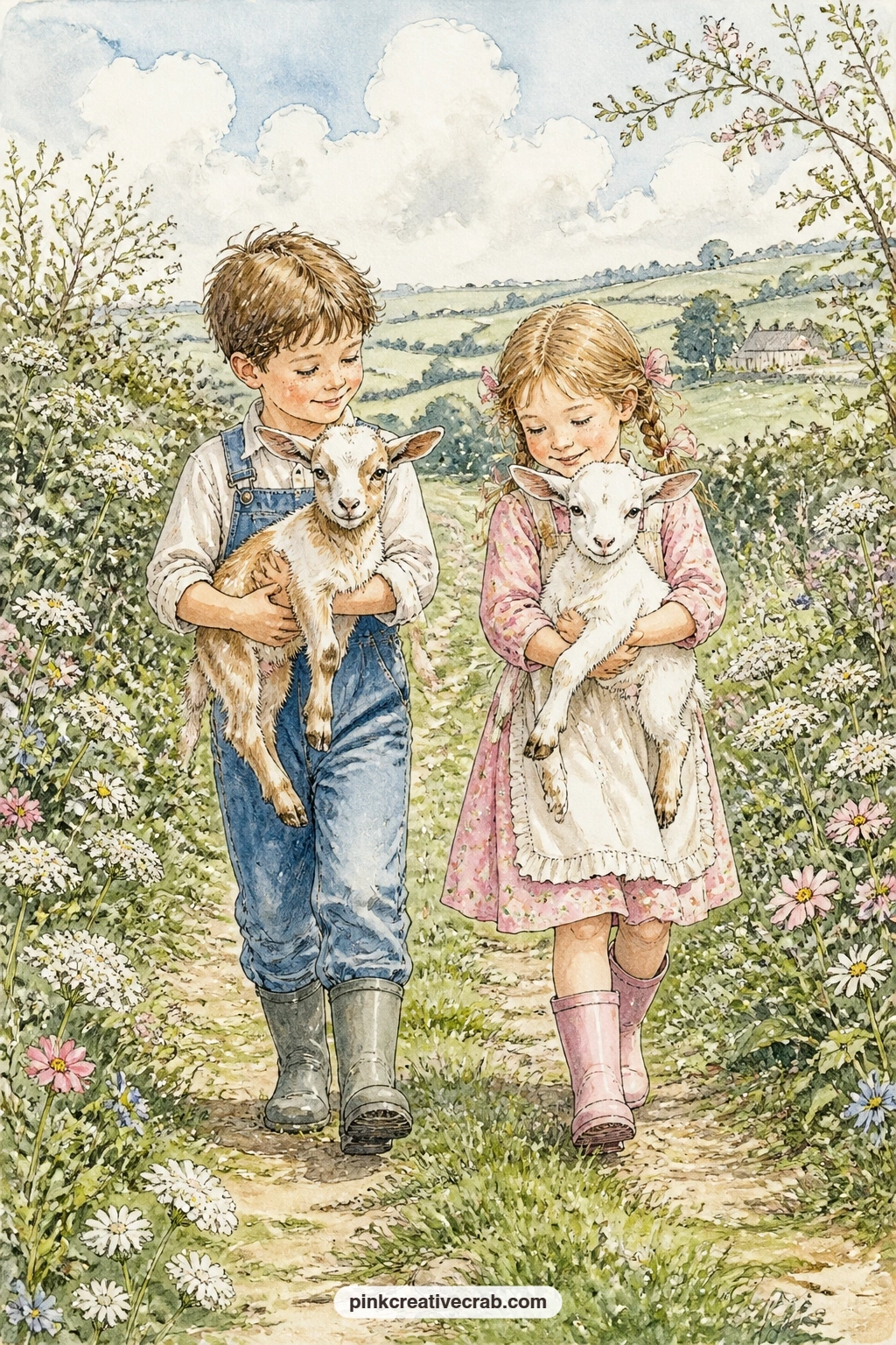 Farm Kids Carrying Goat Kids printable page — Two farm children walk down a grassy lane, each carrying a small goat kid in their arms, with hedgerows and