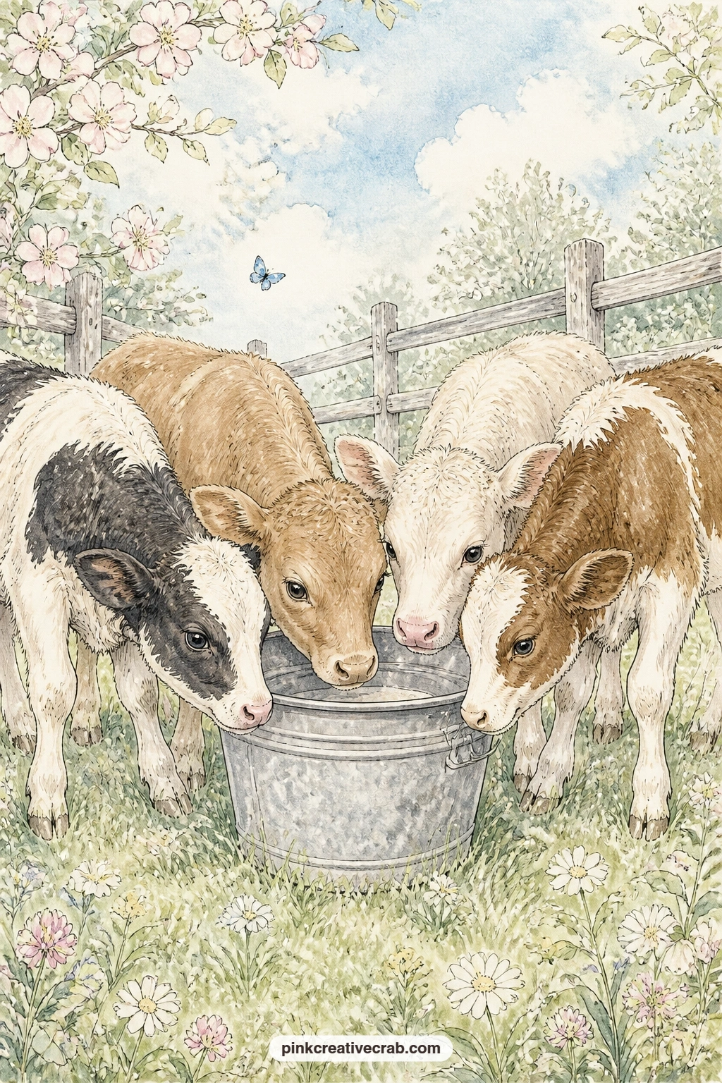 Calves At The Feeding Pail printable page — Several calves gather around a metal feeding pail in a spring paddock dotted with young grass and a few early