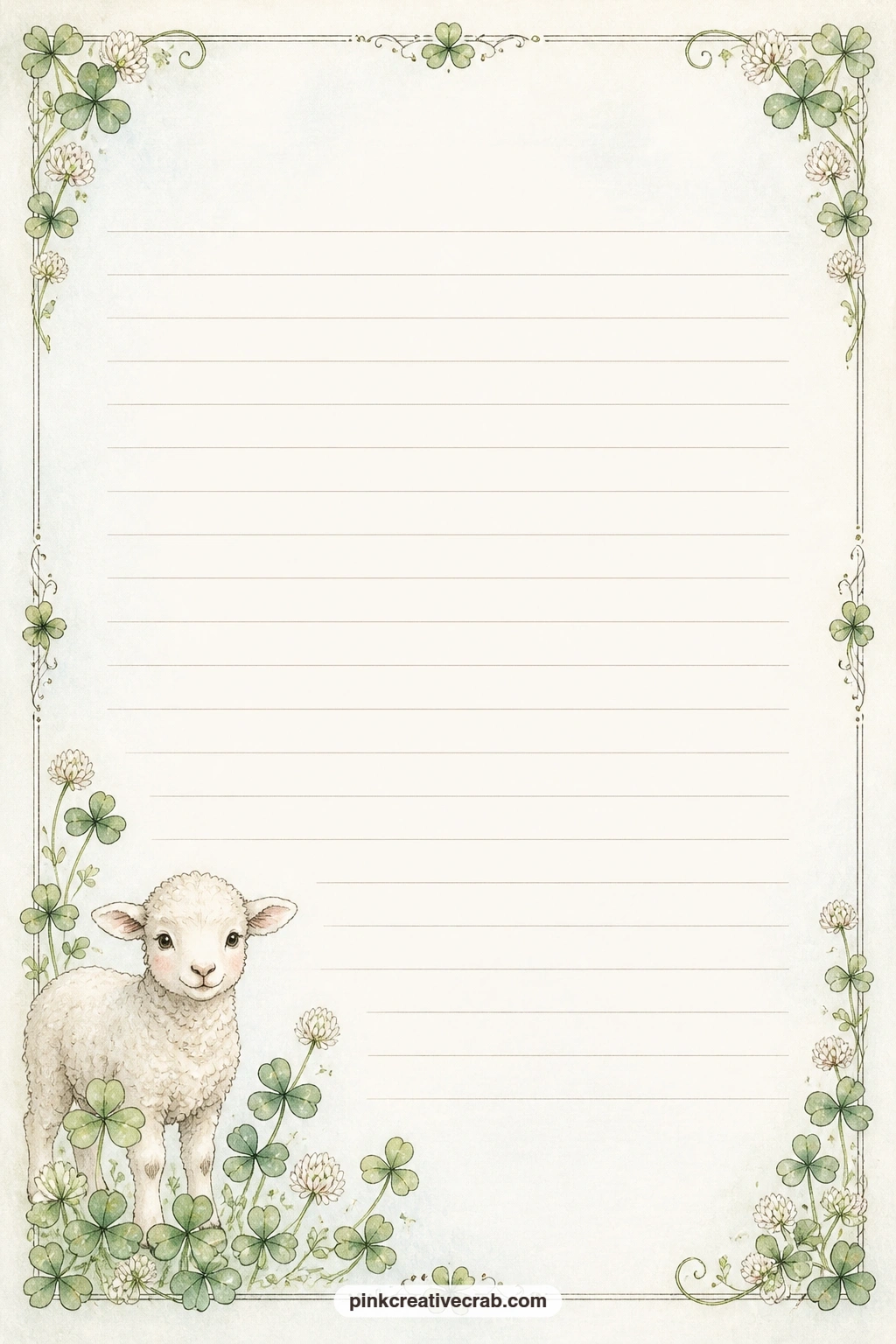 Lamb In Clover Lined Page printable page — Write a short gift list for a spring baby shower, a few lines about the first lamb born this season, or a note to