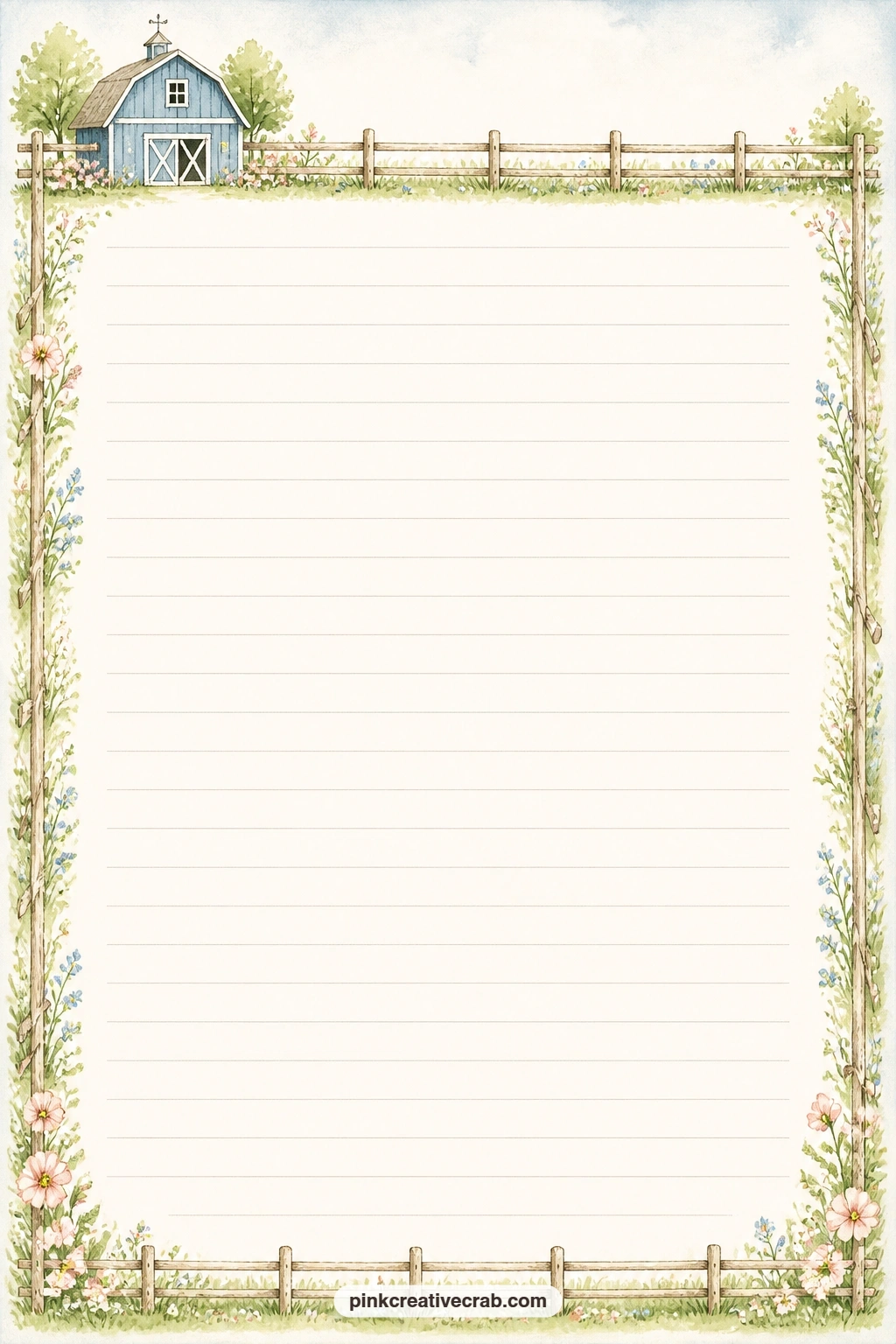 Barn And Pasture Fence Lined Page printable page — Record a short barn chore list, a few lines about the weather this week, or a letter to whoever keeps this