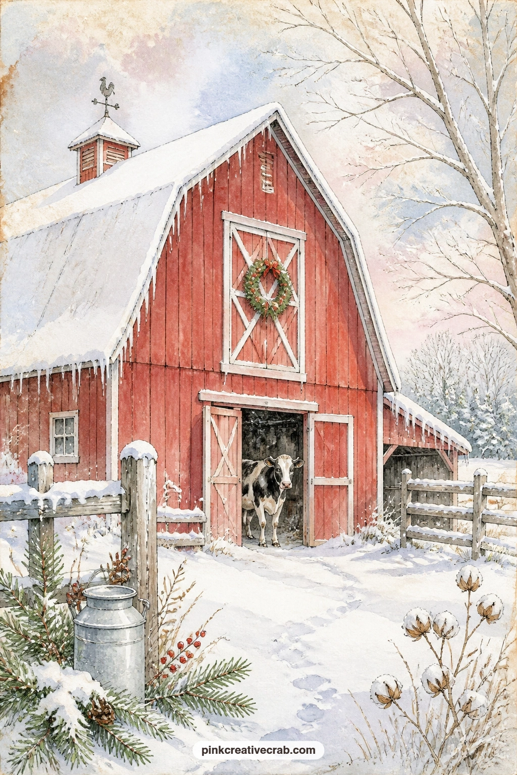 Red Barn In Snow printable page — A red barn sits deep in snow, a wreath hung on its hayloft door and a cow standing close against the cold at thirty words
