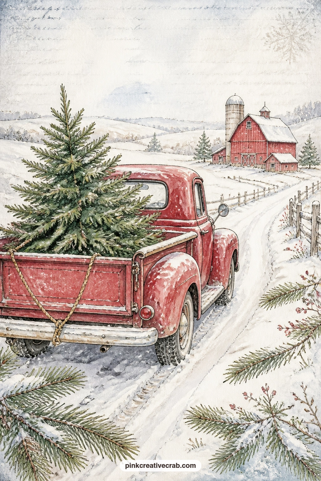 Pickup Truck With Tree printable page — Pair this page with the tiny red barn and pine tree pattern further back in the set, laying the pattern paper