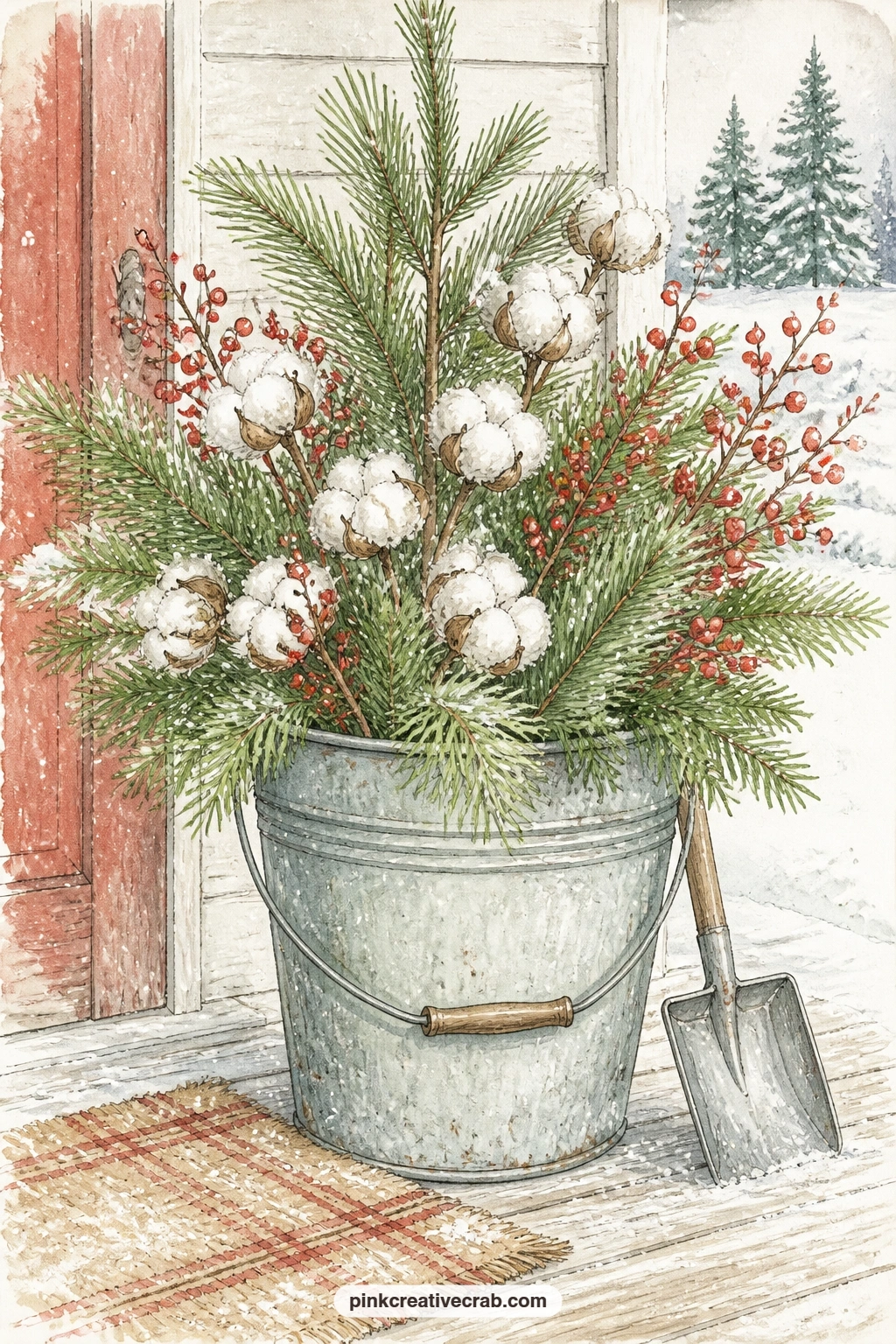 Galvanized Bucket Of Greenery printable page — Tear the edge of this page roughly by hand before gluing it in, so the galvanized bucket looks like it has sat