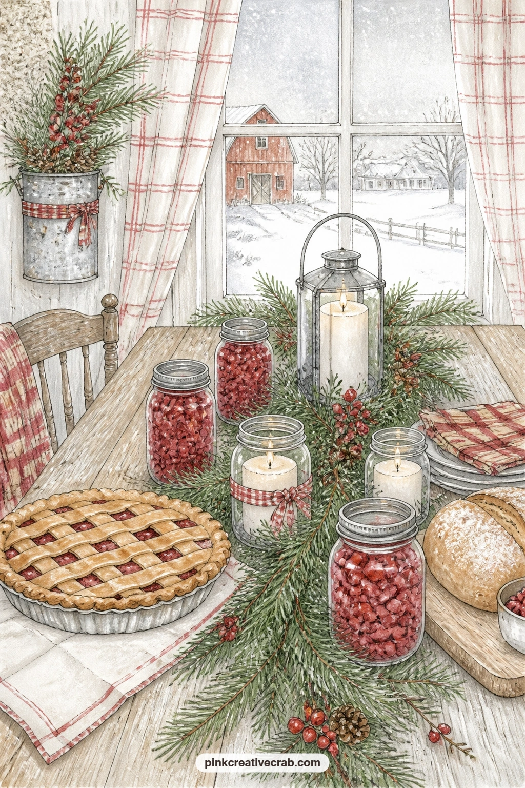 Farmhouse Kitchen Table printable page — Write the names of everyone who gathers around this table across the pine runner, or tuck a real holiday recipe card