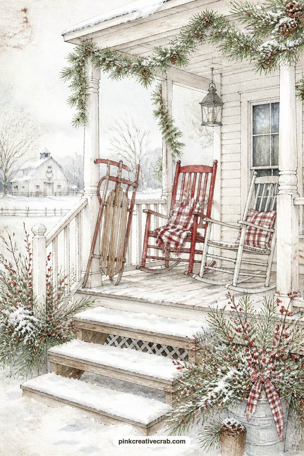 Farmhouse Porch With Sled printable page — Which chair on this porch belongs to you, and who sits in the other one beside the sled and the garland. Farmhouse