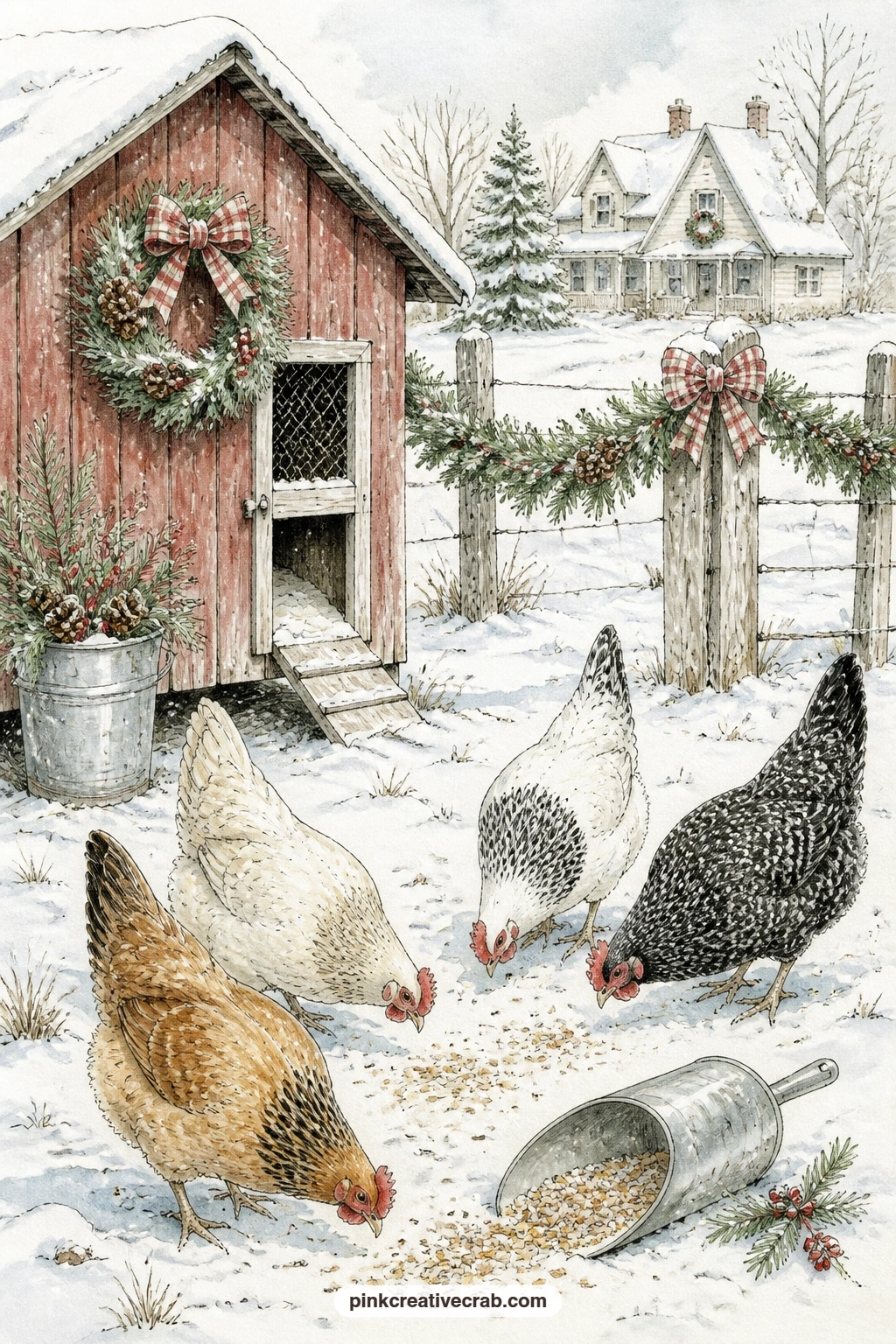 Chickens In Light Snow printable page — Give this page to the one who feeds the animals before sunrise in a gift journal, since this is her hour and this is