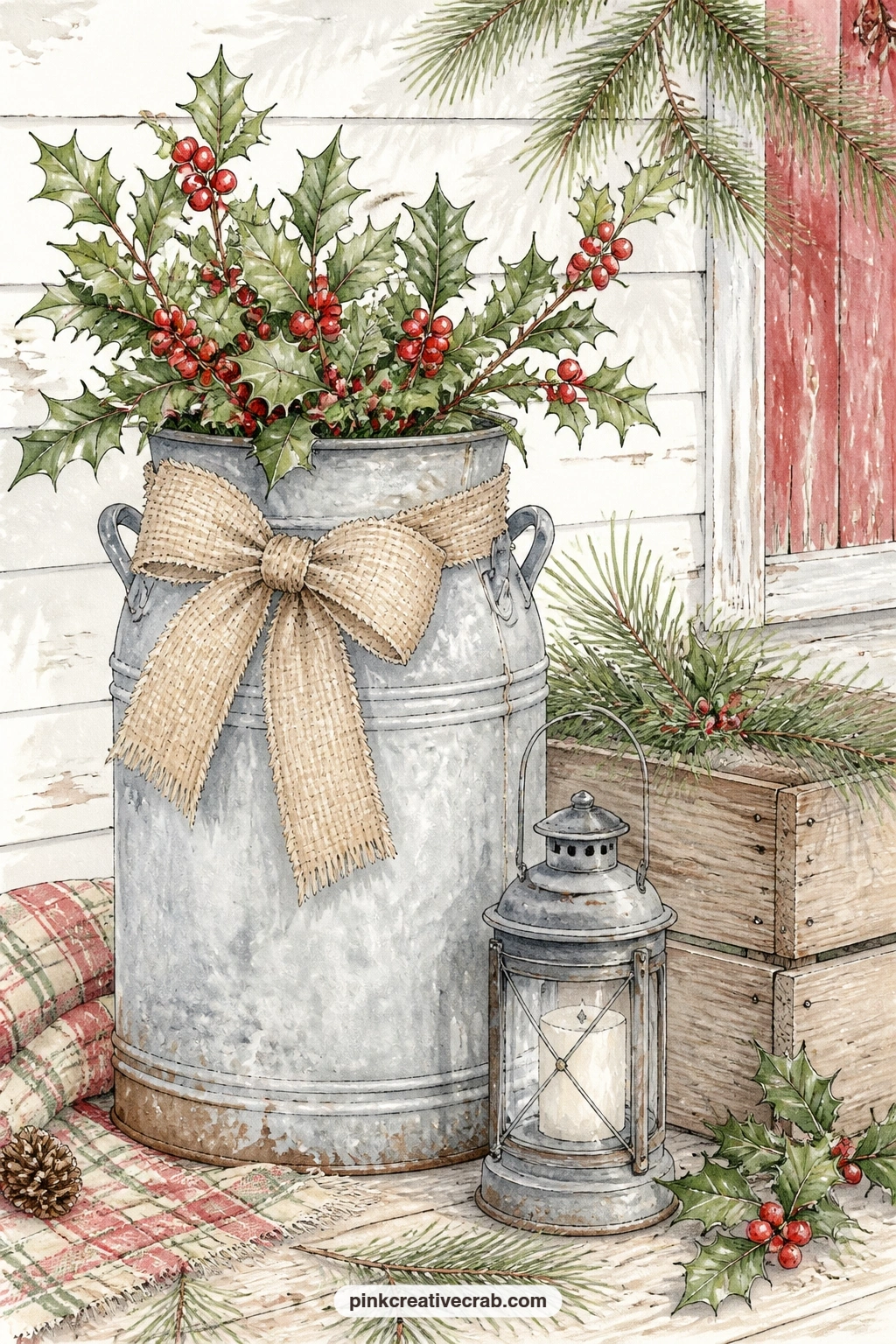 Milk Can With Holly printable page — The usual mistake here is filling every inch of the can with holly until it looks crowded, so leave a little bare metal