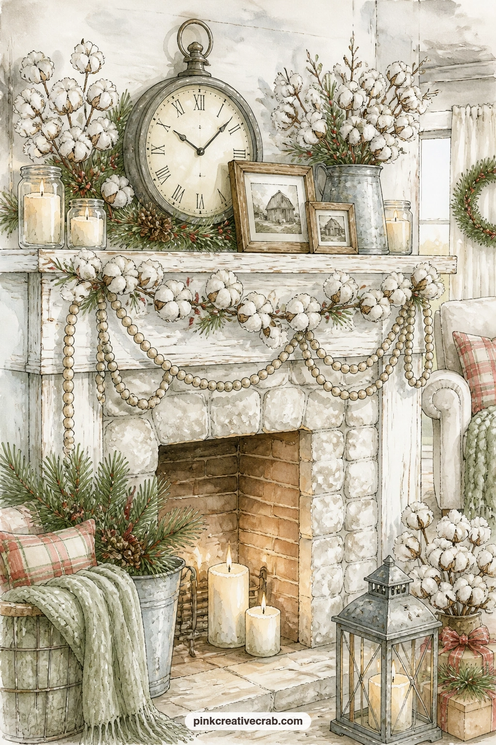 Farmhouse Mantel printable page — Glue a small photo of your own mantel or tree over the fireplace opening on this page, or leave the space as painted and