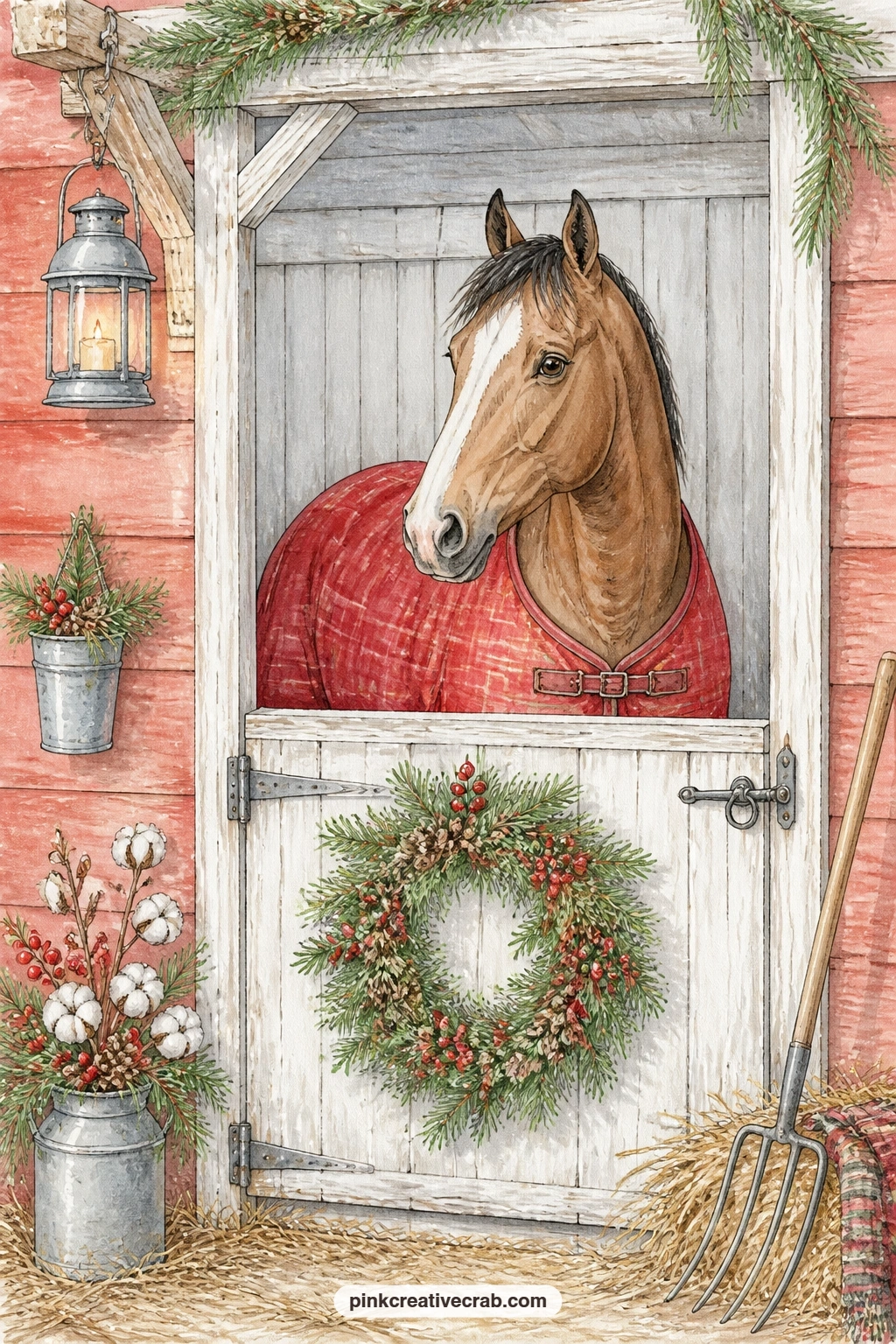 Horse In Barn Stall printable page — A horse stands warm in its stall wearing a red blanket, a small wreath hung on the stall door and hay scattered across the