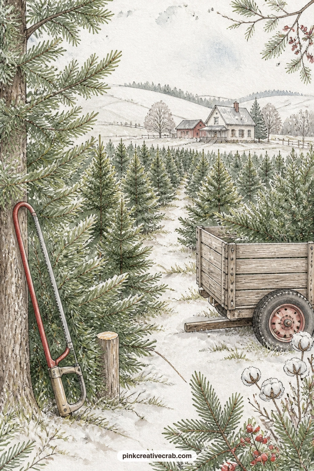 Christmas Tree Farm printable page — The five minute version of this page skips the detailed wagon and bow saw altogether, letting you just glue it in and move