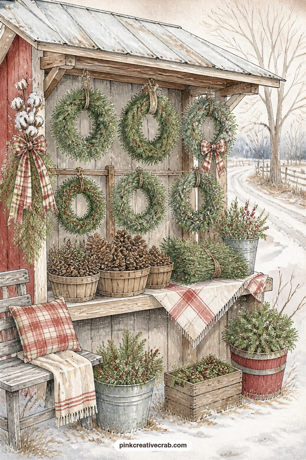 Farm Stand Of Wreaths printable page — A wooden farm stand holds a row of hung wreaths, baskets of pinecones and bundles of fresh evergreens tied with twine