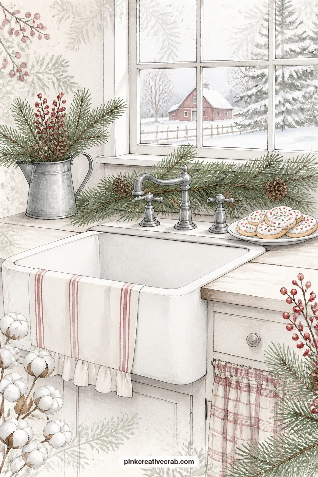 Farmhouse Sink With Cookies printable page — Tuck a holiday cookie recipe folded small behind the apron on this page, so the page holds both the picture and