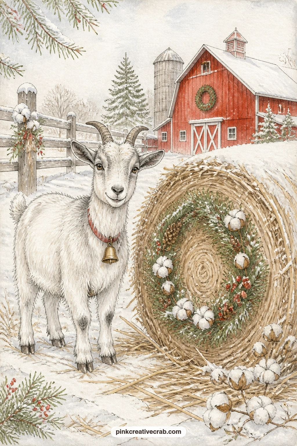 Goat With Bell printable page — A goat wearing a small bell stands beside a hay bale and a wreath, its breath showing faintly in the cold farmyard air around