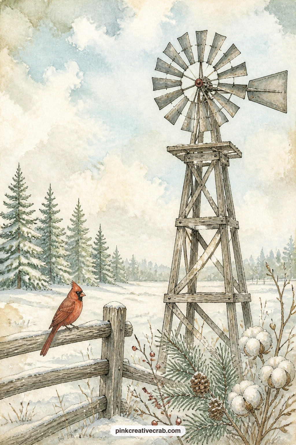 Farm Windmill In Snow printable page — Place this windmill page next to the barn in snow page earlier in the set, letting the two skylines sit side by side