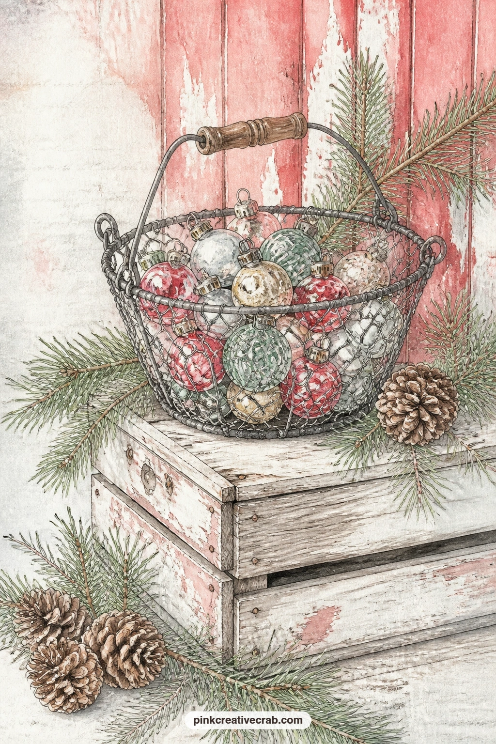 Egg Basket With Ornaments printable page — A wire egg basket sits filled with glass ornaments on top of a wooden crate, swapped out for a season from gathering