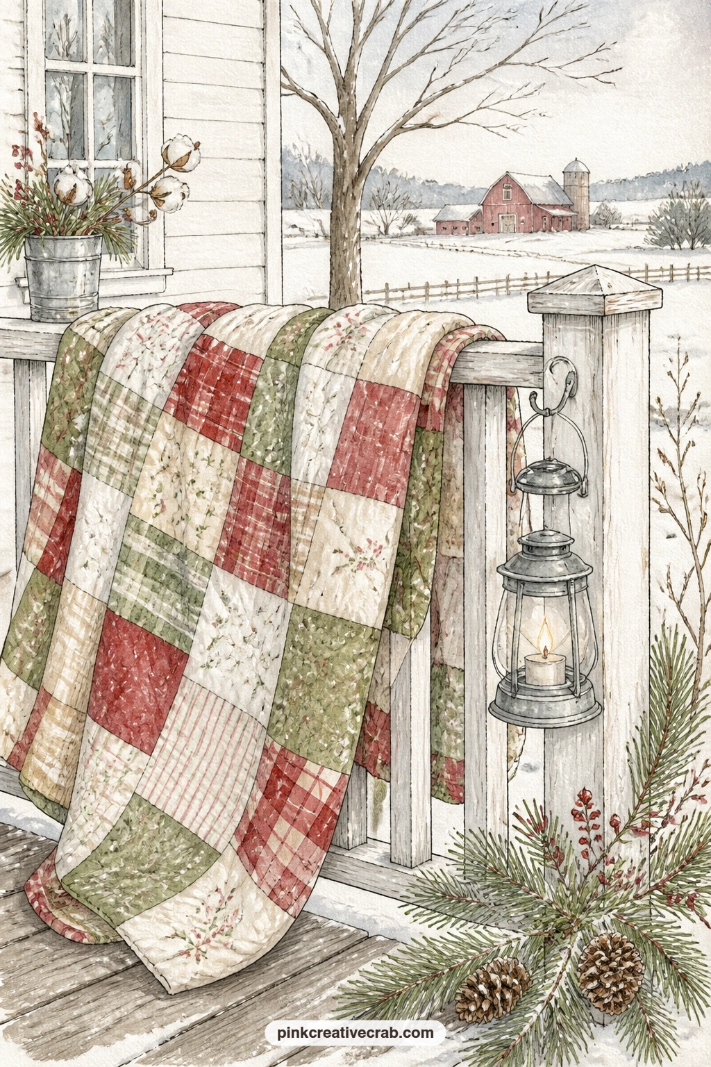 Quilt On Porch Rail printable page — What does this quilt remind you of, and whose hands made the stitches that hang over the rail tonight. Farmhouse christmas