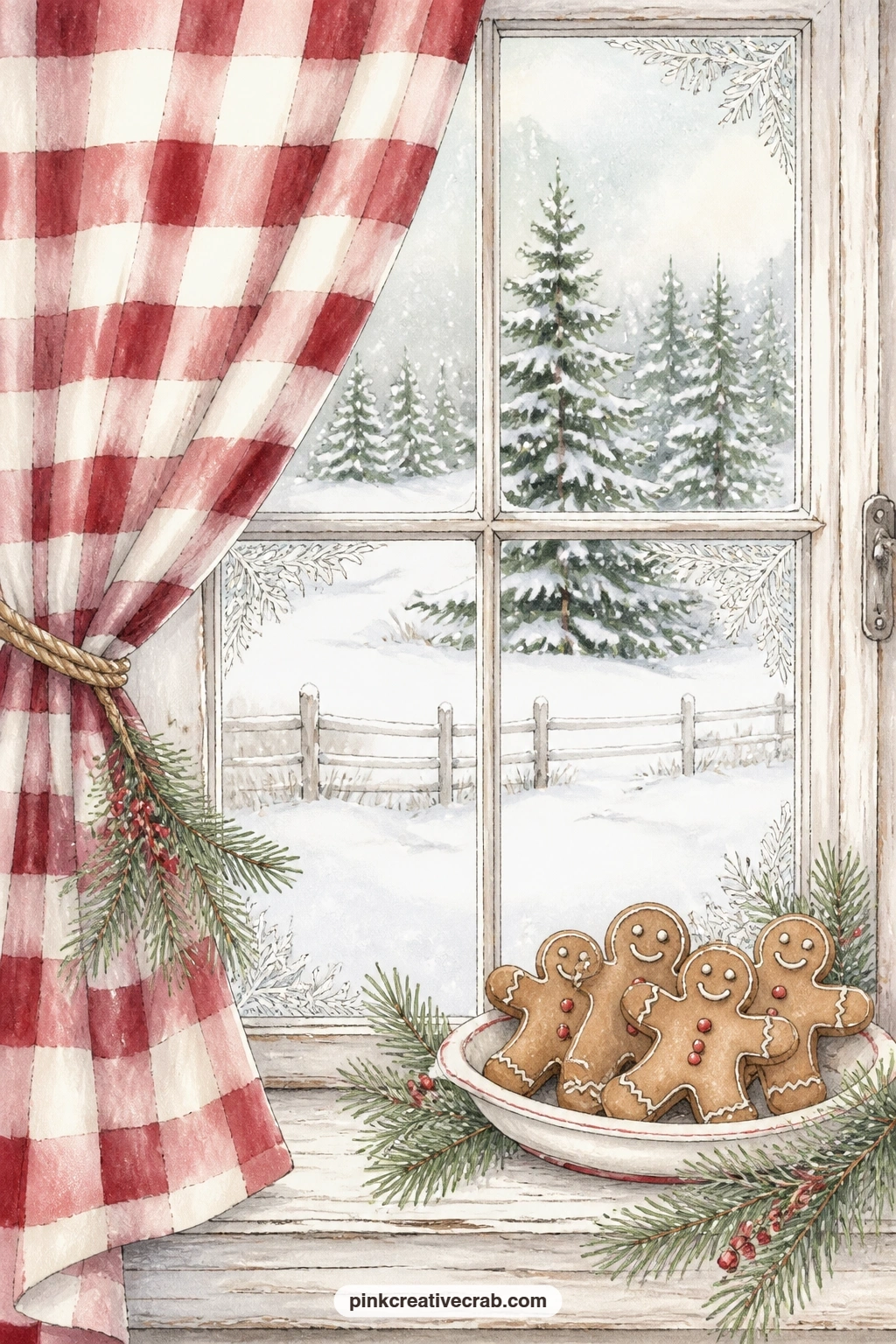 Window With Buffalo Check printable page — A farmhouse window hung with a buffalo check curtain frames a plate of gingerbread set on the sill, frost gathering