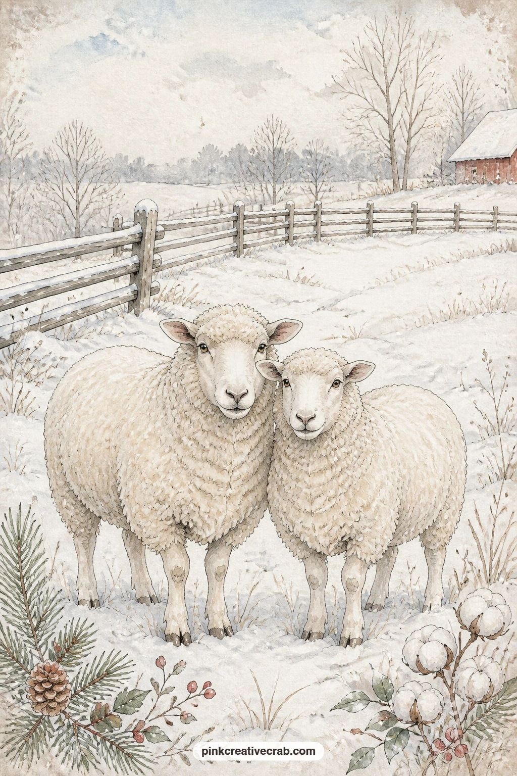 Sheep In Snowy Pasture printable page — A pair of sheep stand close together in a snowy pasture, a split rail fence running behind them and a barn roof just