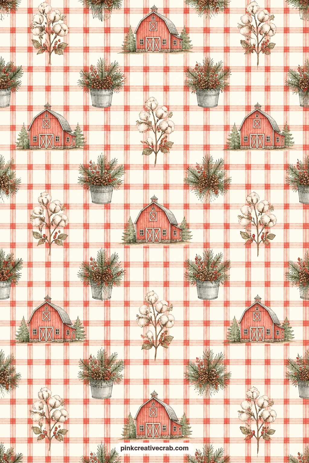 Red And Cream Plaid Pattern printable page — Use this plaid as a backing for the quilt and window pages, as a pocket lining behind the farm stand page, or