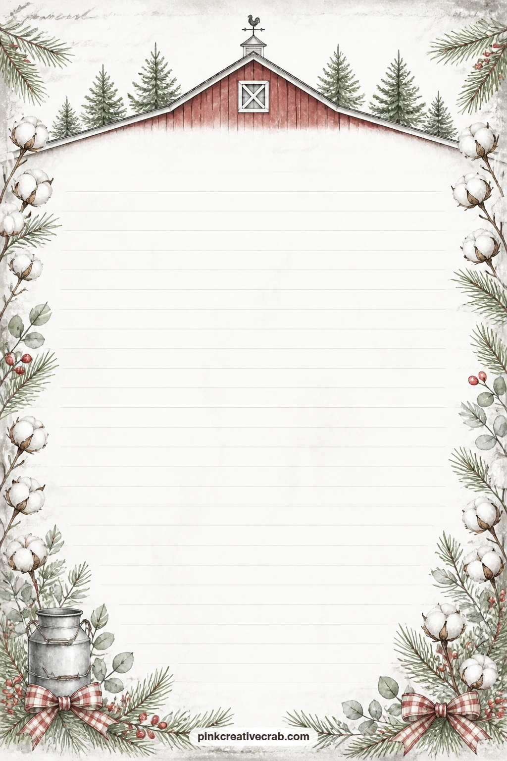 Red Barn Roofline Lined Page printable page — Use the ruled lines under this roofline border for a holiday gift list, a short letter to next year, or a record