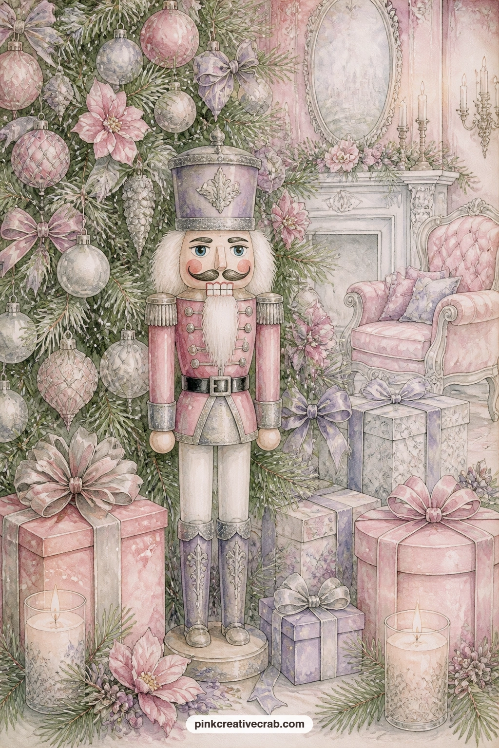 Nutcracker Under The Tree printable page — Under the tree sits the wooden nutcracker soldier, wrapped gifts, lit candles and a trail of pine needles painted
