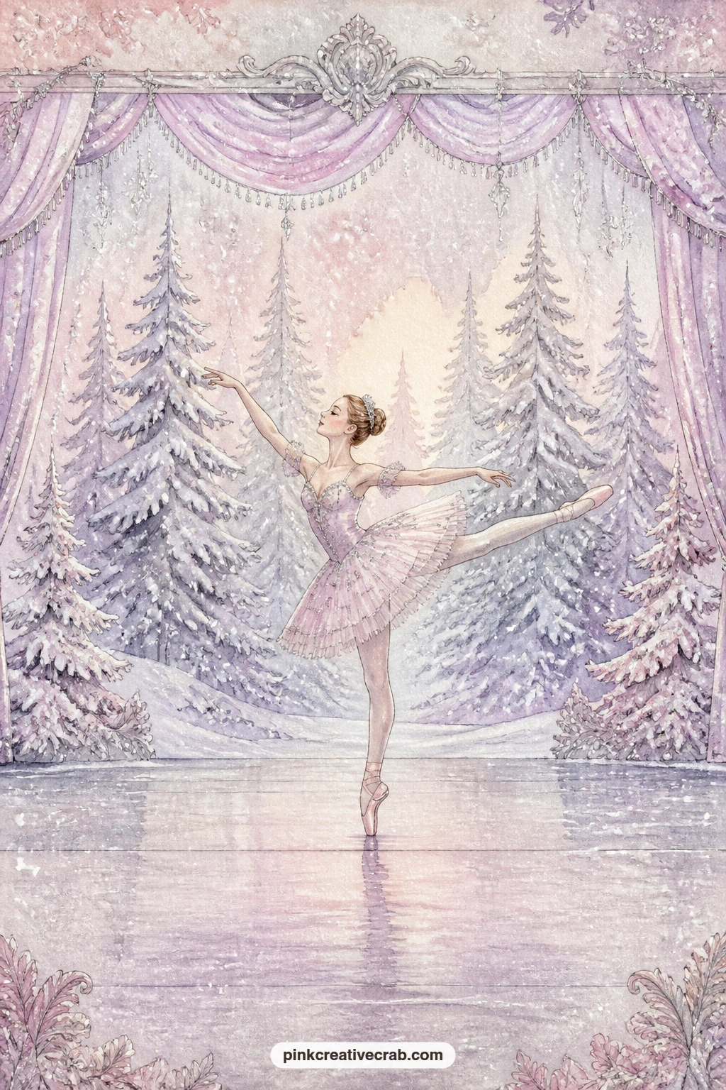 Snowy Stage And Dancer printable page — Pair this page with the silver snowflake and ballet slipper pattern from the backgrounds, using it as a pocket lining