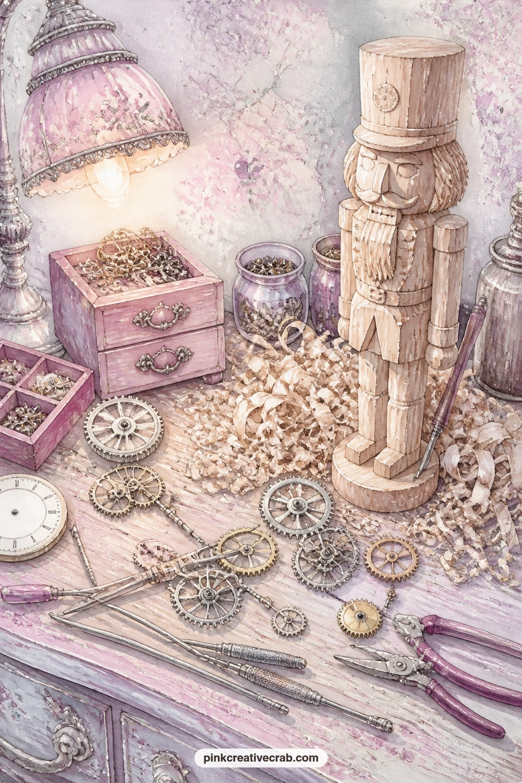 Clockmaker's Workbench printable page — Gears, small tools and a half carved soldier sit across the godfather's cluttered workbench, with wood shavings and a