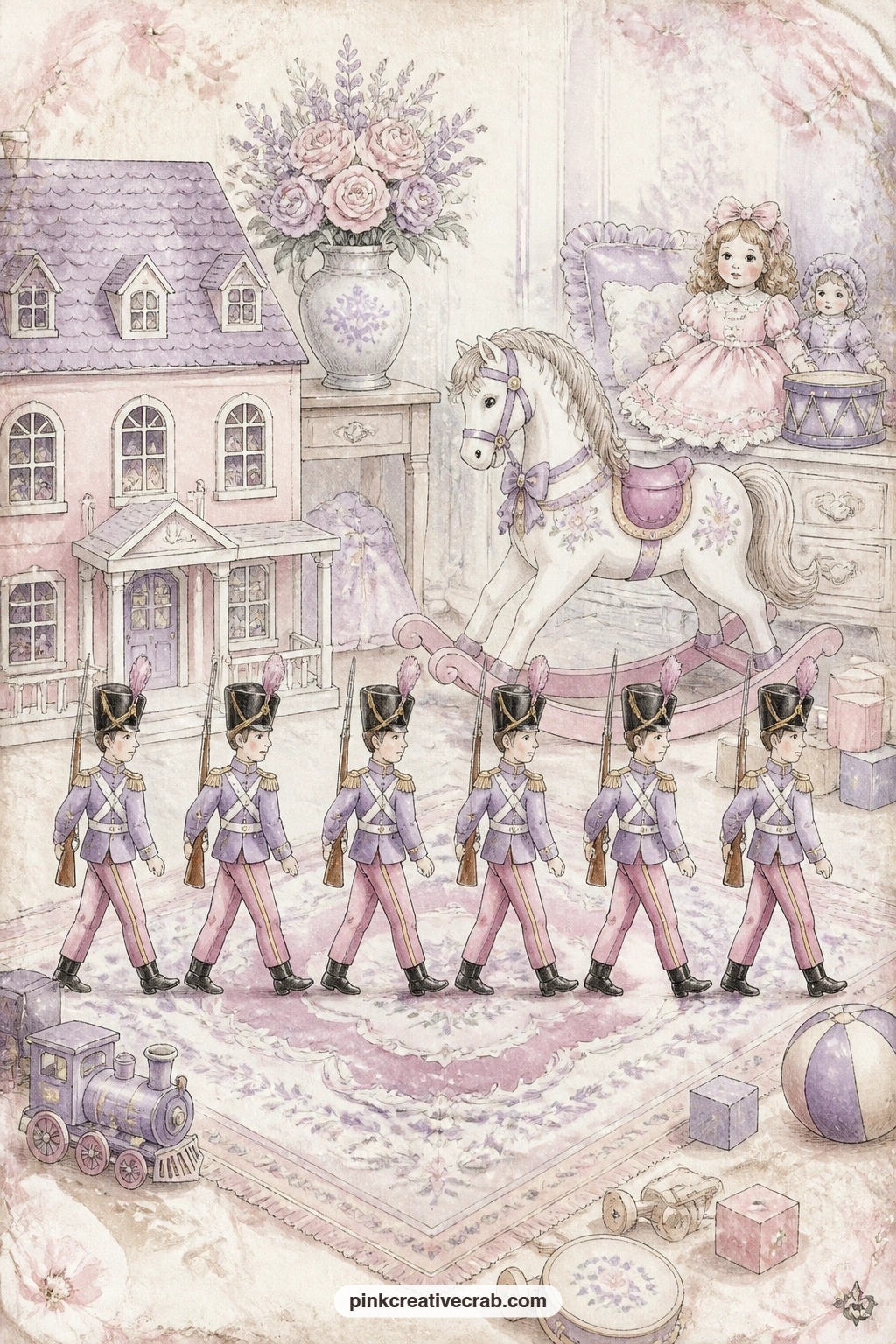 Toy Soldiers On Parade printable page — The usual mistake on a marching page is lining the soldiers up too stiffly, which flattens the whole scene. Nutcracker