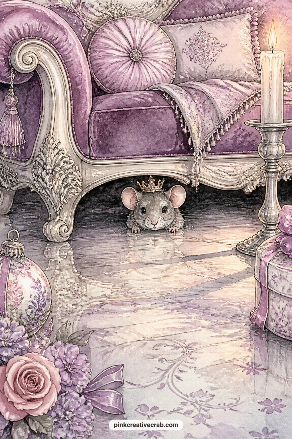 Mouse King Under The Sofa printable page — The mouse king peers out from beneath the velvet sofa fringe, his little crown catching candlelight painted glowing