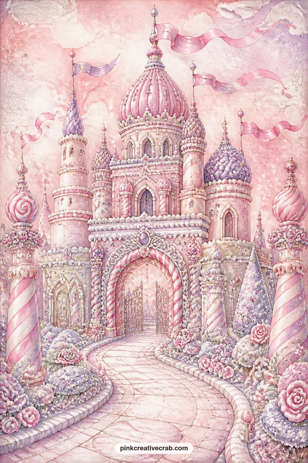 Candy Palace Arrival printable page — Marzipan towers rise beside sugar arches and ribbon flags, the candy palace glowing warmly under a painted pink sky