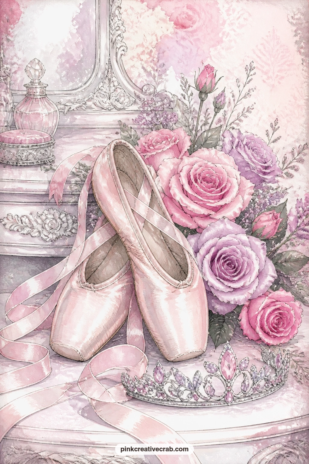 Pointe Shoes And Roses printable page — What question would you ask the dancer in this picture, about nerves, about practice, about the moment just before the