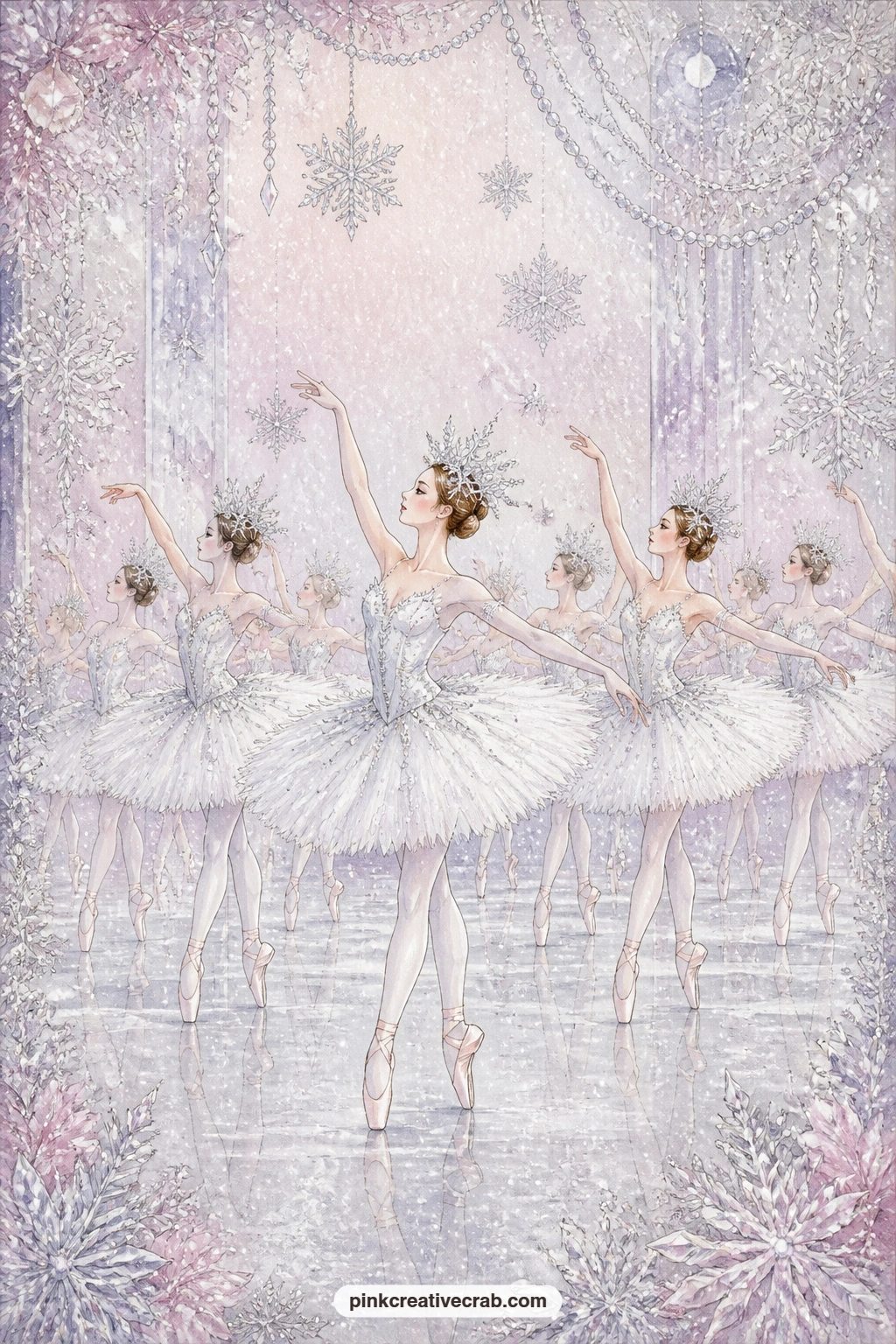 Snowflake Corps On Silver Stage printable page — A corps of snowflake dancers in white tutus turns together across a silver stage, painted snow drifting softly