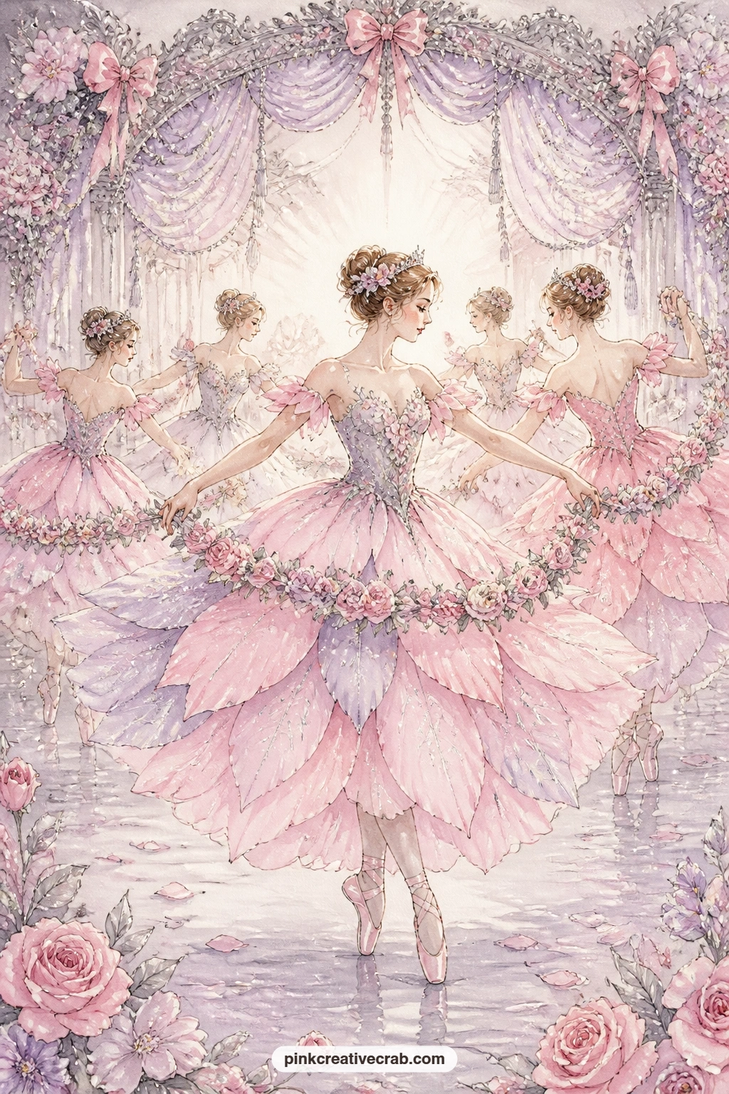 Waltz Of The Flowers printable page — Place this page across from the sugar plum ballerina sheet so the two open as a pair, one dancer in solo light and a