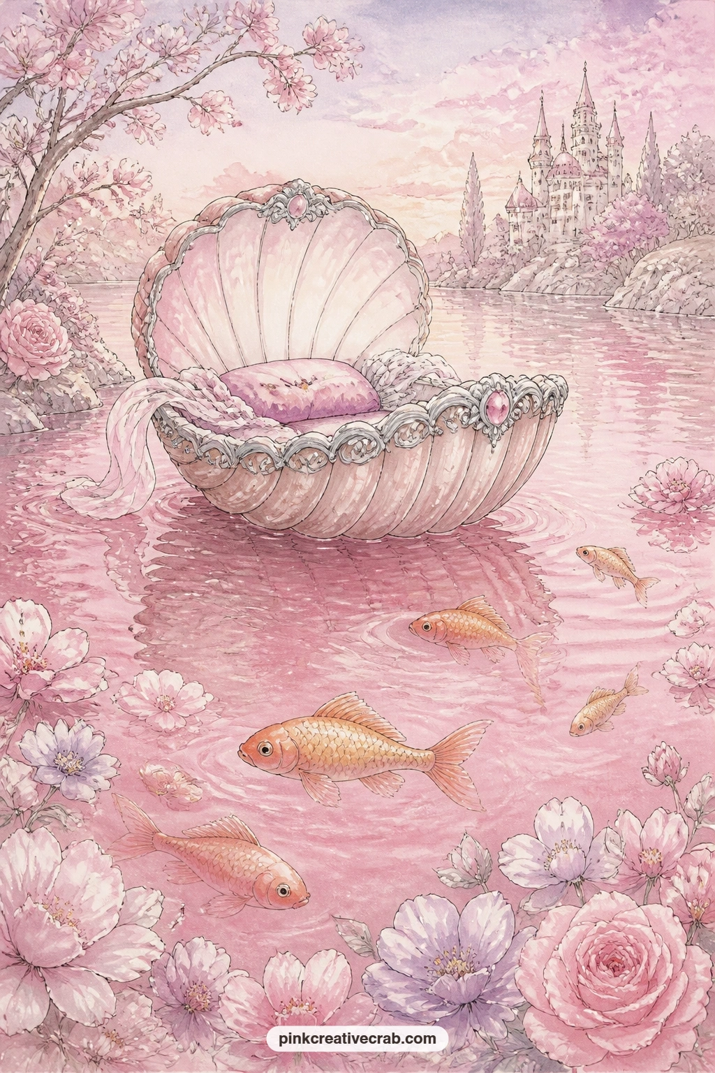Shell Boat On The Rosy Lake printable page — A shell boat drifts across a rosy lake, golden fish gliding beneath the surface and sugar flowers floating near