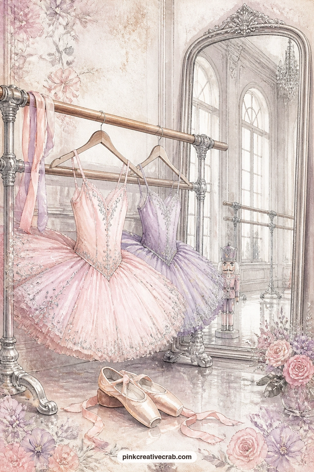 Dance Studio Barre printable page — Tutus hang along the wall beside a dance studio barre, pointe shoes resting on the floor and a tall mirror reflecting the