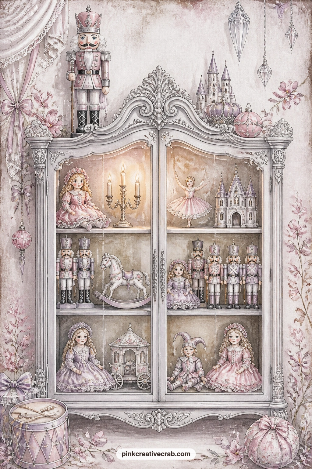 Glass Cabinet Of Toys printable page — Dolls, small soldiers and a carved nutcracker stand together on the top shelf of a glass cabinet, soft candlelight
