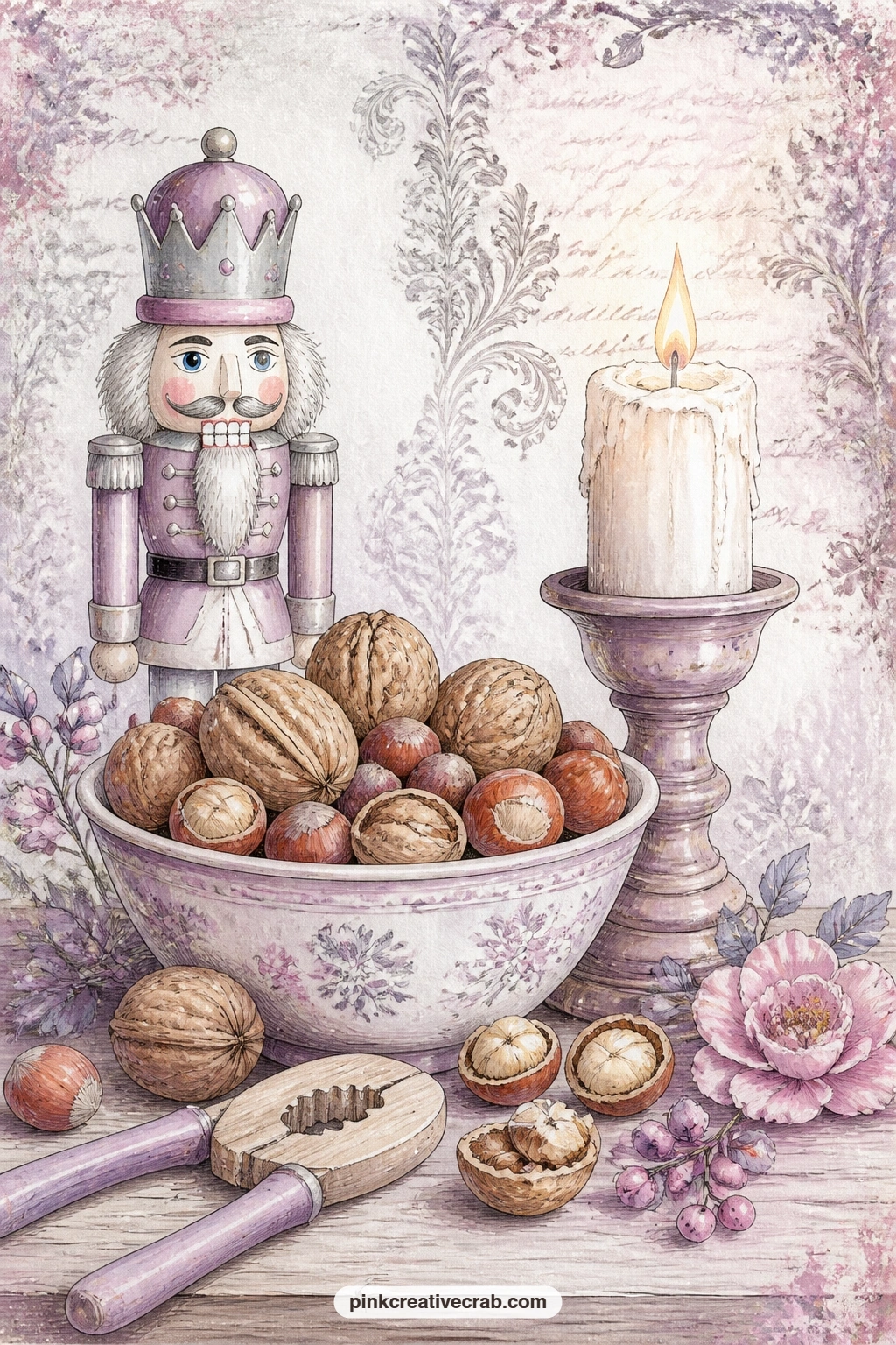 Walnuts, Hazelnuts And Candlelight printable page — A simple still life for a quiet entry, a wish for the new year or a short list of this season's small
