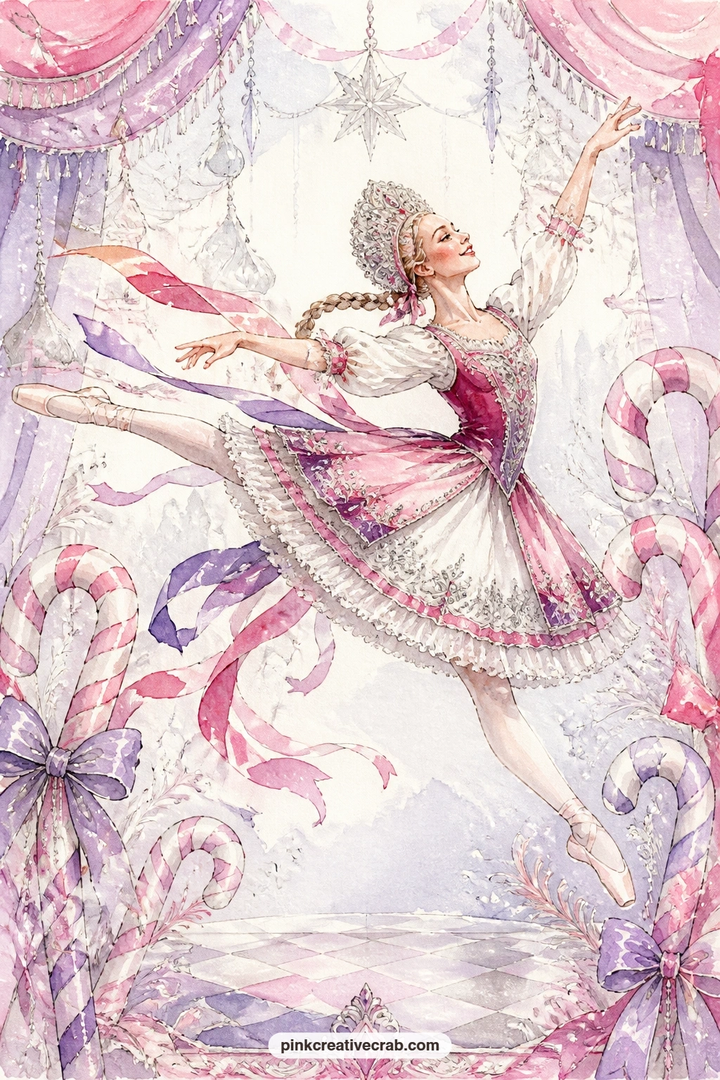 Russian Dancer And Candy Canes printable page — A dancer in a Russian costume leaps beside painted candy canes, bold red and gold ribbons trailing behind her