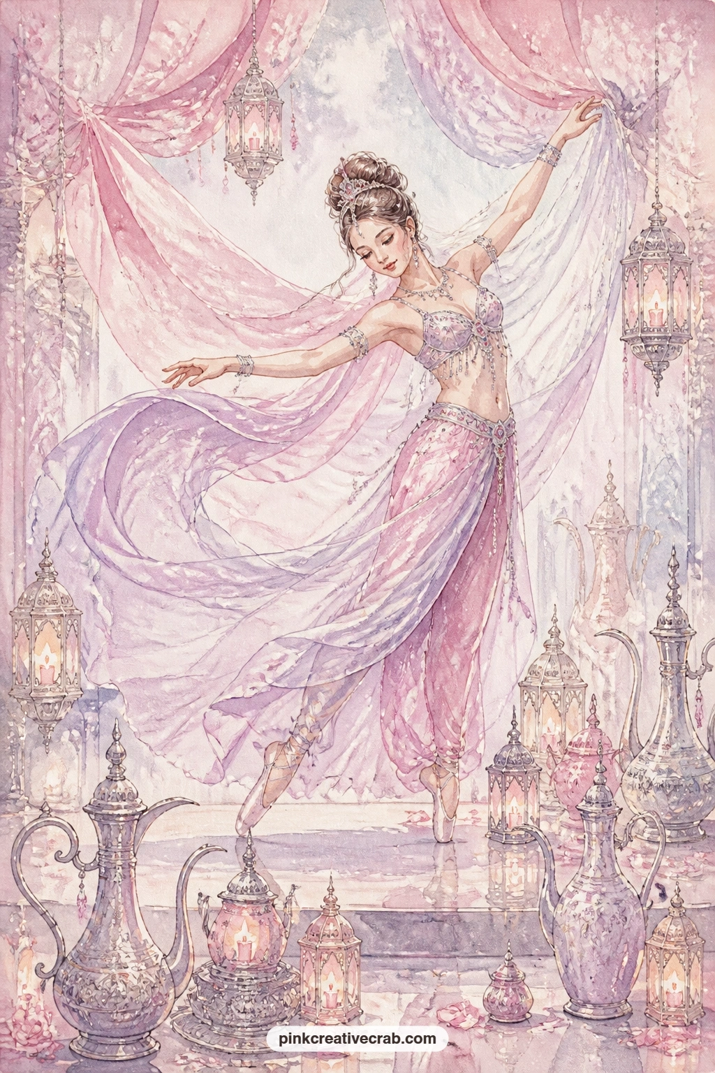 Veiled Dancer And Coffee Pots printable page — Readers new to this set often crowd the lanterns too close together here, so leave real space between them and