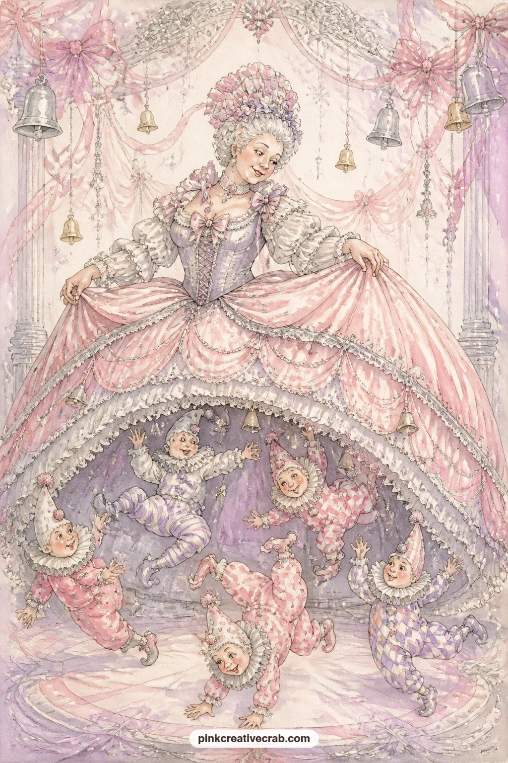 Mother Ginger And The Clowns printable page — Mother Ginger's giant hooped skirt spreads wide across the stage, tiny clowns tumbling out from beneath it