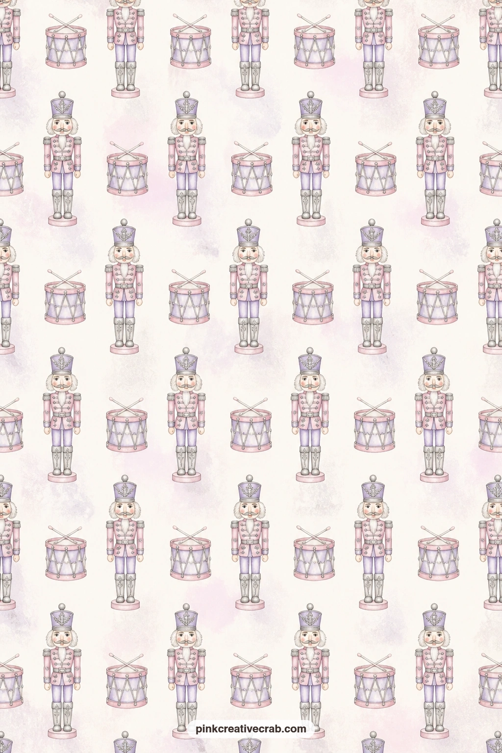 Nutcracker And Drum Pattern printable page — Small nutcrackers and drums repeat in rows across this sheet, useful as a pocket lining, a cover wrap or slipped