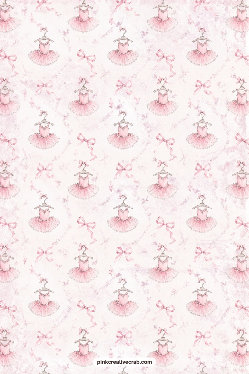 Pink Tutu And Ribbon Pattern printable page — Pink tutus and satin ribbons scatter across this paper, soft enough to sit behind a dancer photo, line a gift