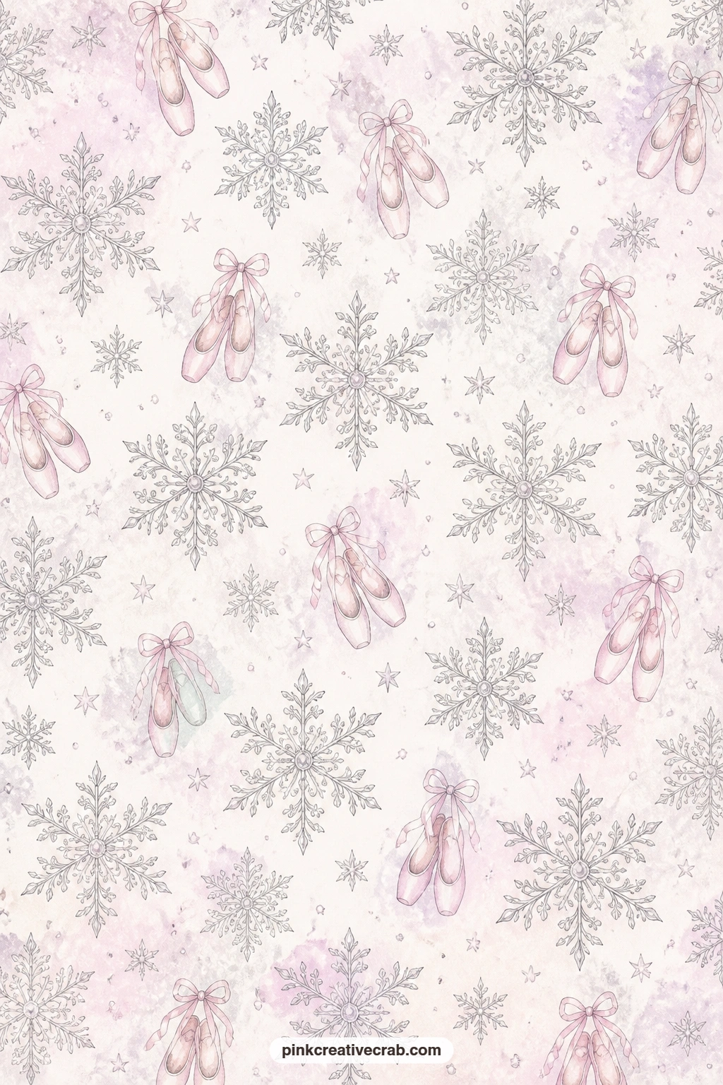 Snowflake And Slipper Pattern printable page — Silver snowflakes and small ballet slippers drift across this paper, a soft match for the snowflake corps scene