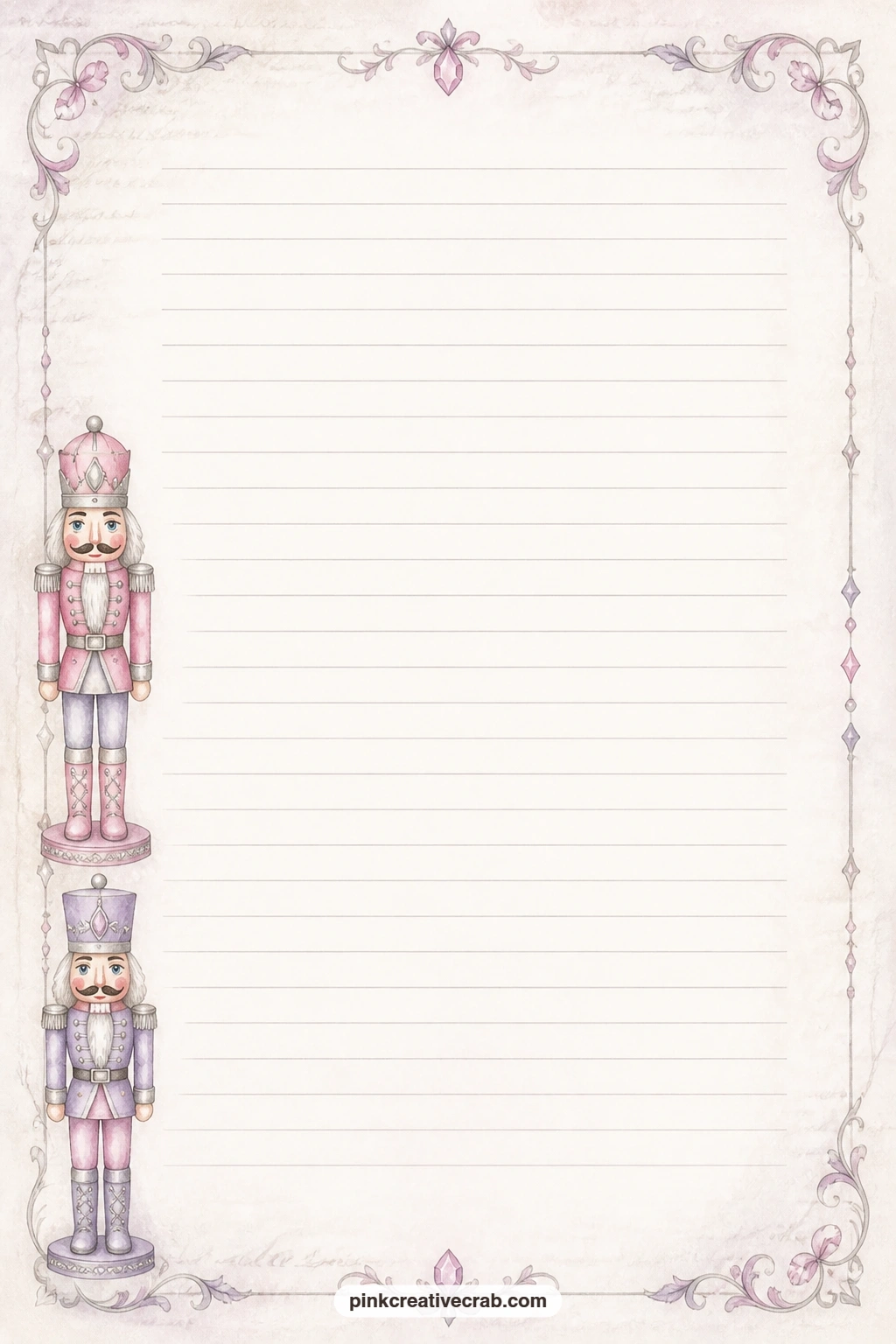 Soldier Pair Side Lined Page printable page — A nutcracker soldier pair stands along the side border, leaving the ruled lines free for a gift list, a holiday