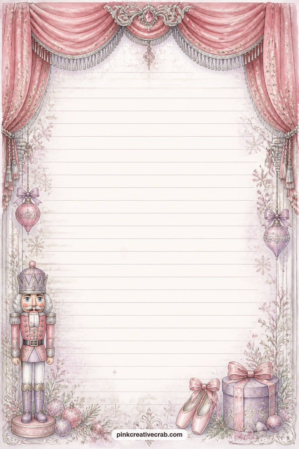 Stage Curtain Swag Lined Page printable page — A red stage curtain swags across the top border here, perfect for recording a favorite line from the ballet, a