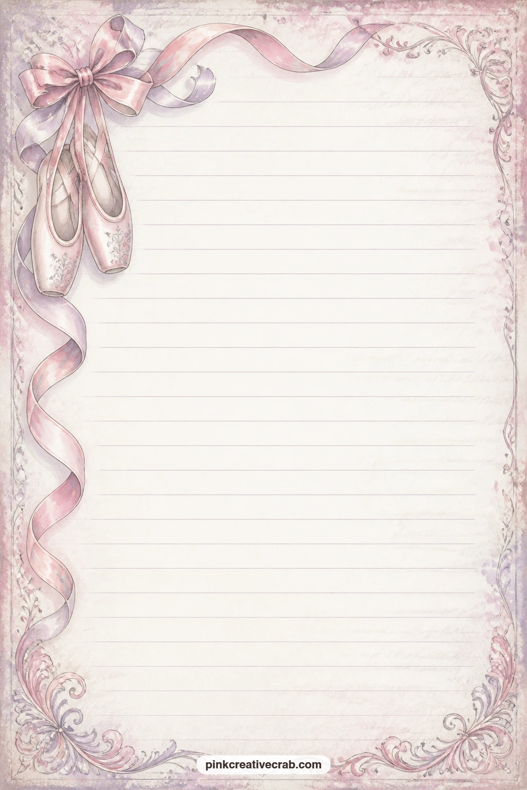 Pointe Shoe Ribbon Corner Lined Page printable page — Satin ribbon curls around one corner beside a small pointe shoe, leaving space below for a dance recital
