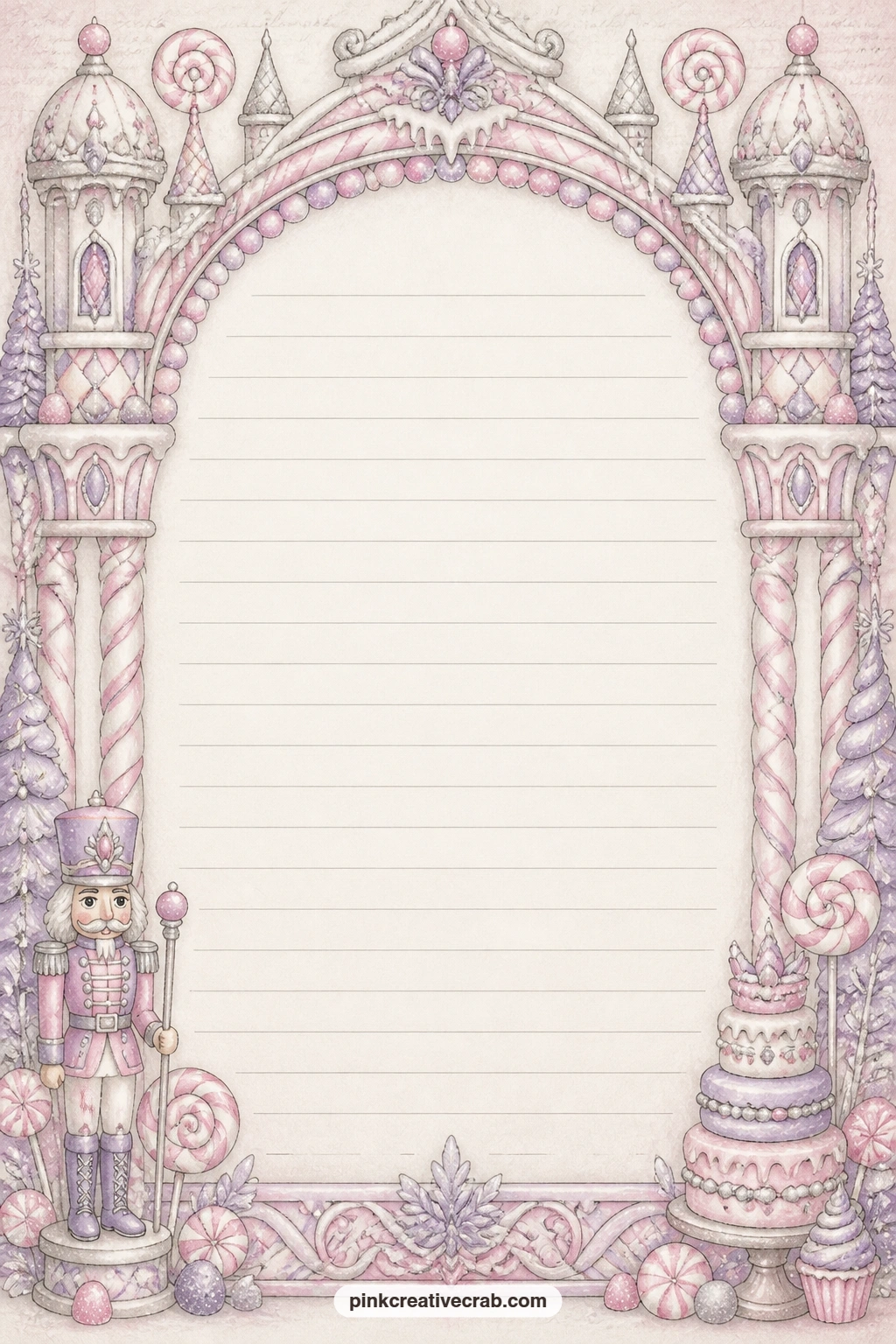 Candy Arch Frame Lined Page printable page — A candy palace arch frames the whole page in sugared detail, good for a sweets recipe, a holiday guest list or a