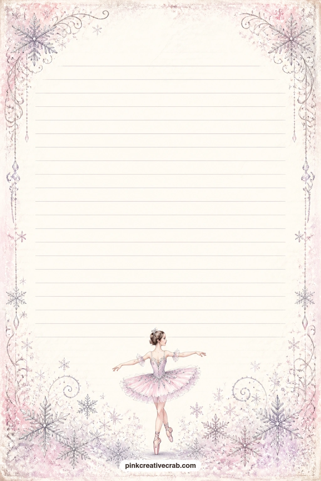 Snowflake Ballerina Footer Lined Page printable page — A small ballerina turns among snowflakes along the bottom footer, room above for a closing journal