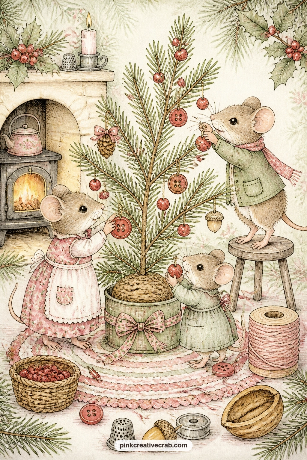 Mouse Family Trimming A Pine Sprig Tree printable page — Gather the whole mouse family around a small pine sprig tree hung with tiny berries and mismatched